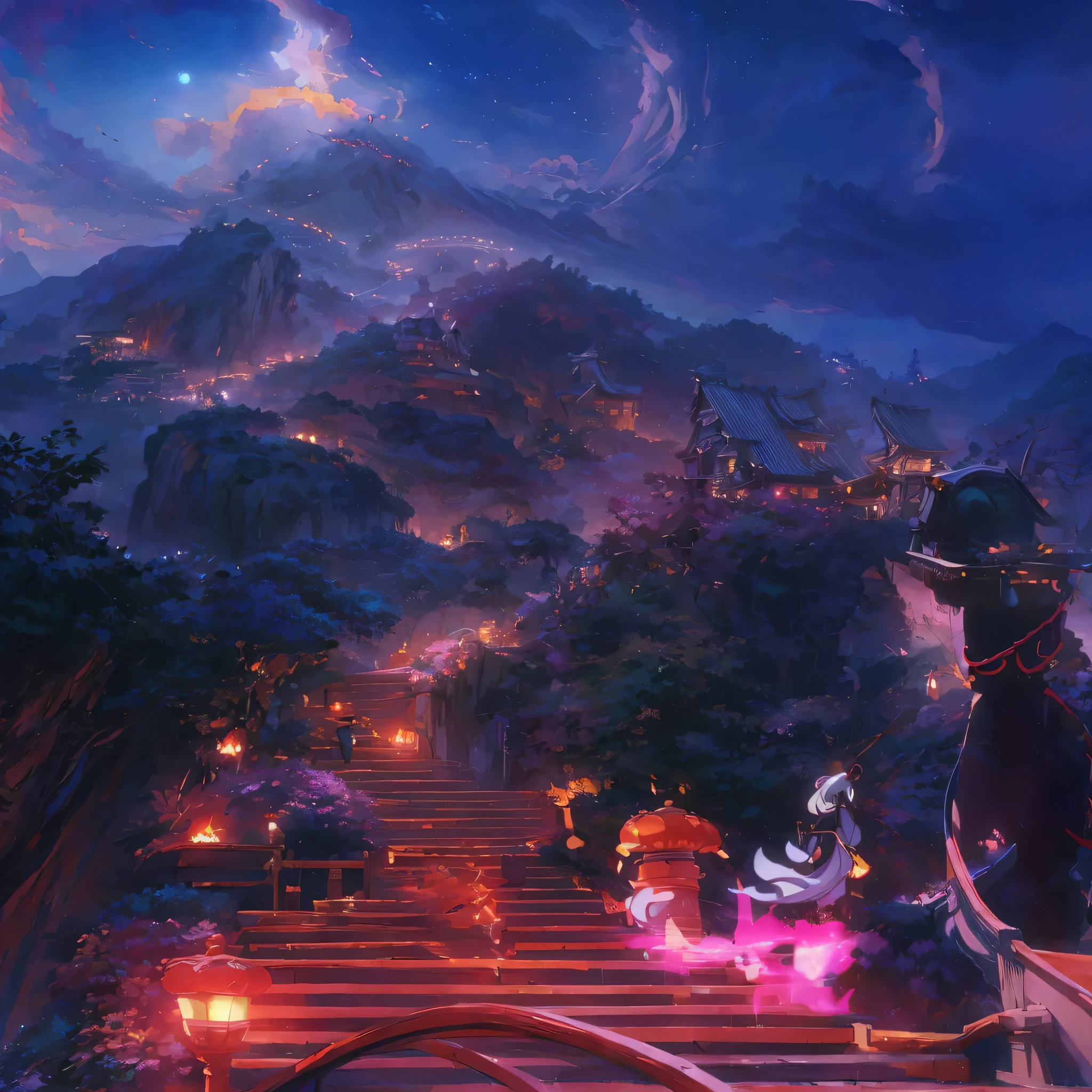 anime girl with a hat and a long dress standing on a stairway, 2. 5 d cgi anime fantasy artwork, anime fantasy artwork, anime fantasy illustration, anime epic artwork, anime scenery concept art, concept art magical highlight, onmyoji detailed art, colorful concept art, beautiful anime scene, heroine japan vivid landscape, concept art stunning atmosphere, beautiful anime artwork