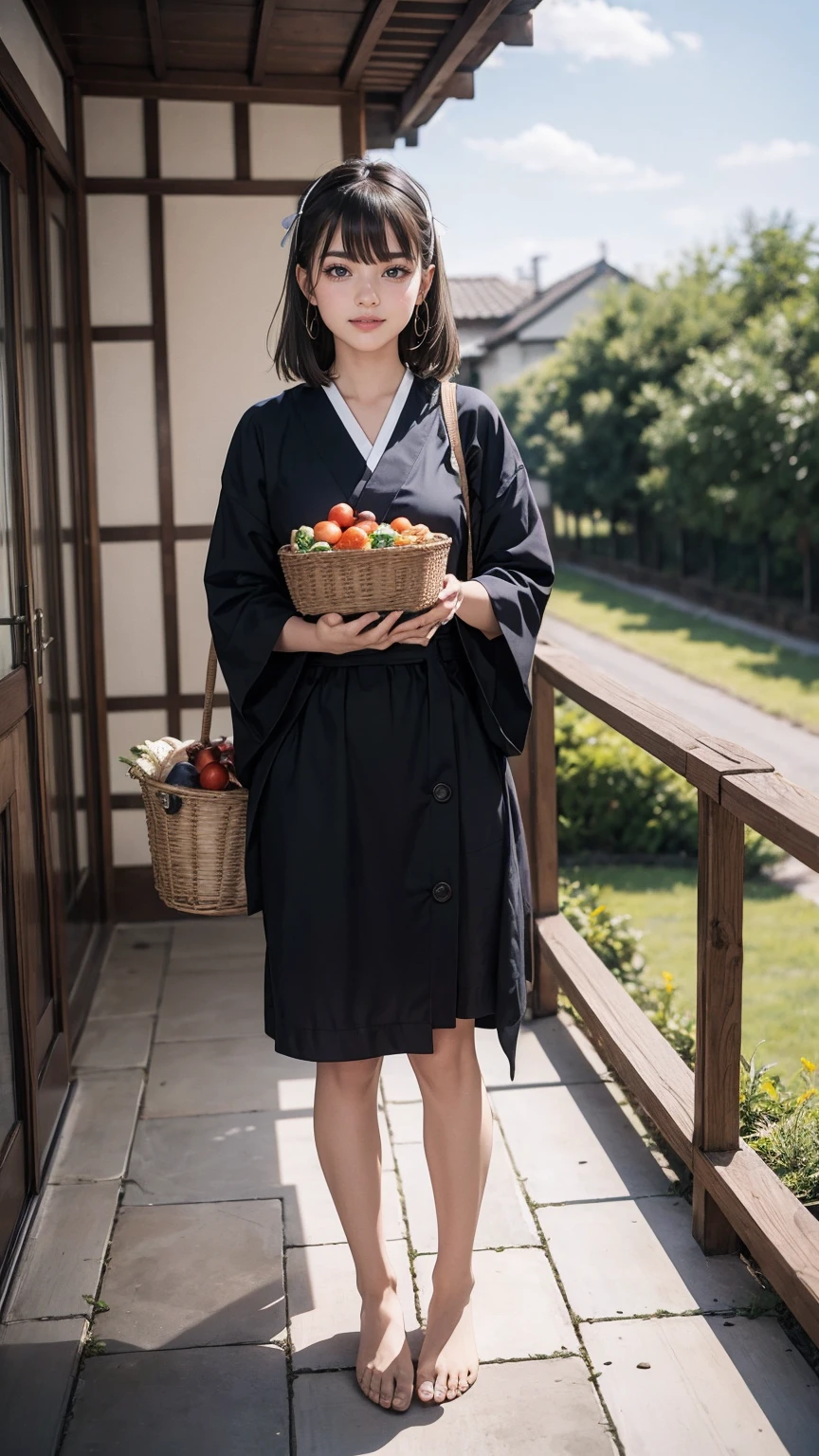 ((最high quality, 8K, masterpiece: 1.3, Ultra HD, high quality, 最high quality, High resolution, realism)) 、A stunningly beautiful 22-year-old Japanese woman、hair color is black、black eye、medium hair、straight hair、smile、Slender but well-proportioned muscular body、Athlete-like body type、I don't want my head to disappear from the screen.、Wearing accessories on your wrist、Wearing red nail polish、I have a peticure、Sitting on the veranda of a Japanese house in the Japanese countryside、It's summer、A wind chime is hung in front of the eaves.、barefoot、There is a basket full of tomatoes and carrots on the veranda.、The basket is made of woven bamboo strips、A courtyard spreads out in front of the verandah.、There is a well with a hand pump in the courtyard.、wear a yukata、smile((smile))、hair band((hair ribbon))