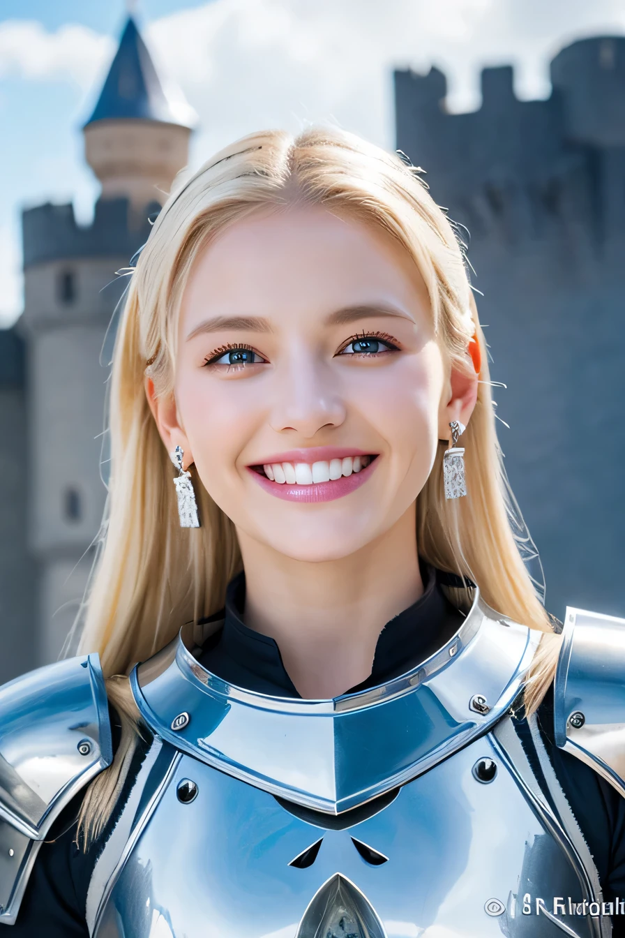 8K、highest quality、female knight、The background is a castle、Luxurious Silver Armor、heavy equipment、、smile、beautiful teeth、full body photo、ear piercing、white woman、blonde hair、blue eyes、Gummy Smile、The background is a cloudy sky、heavy makeup
