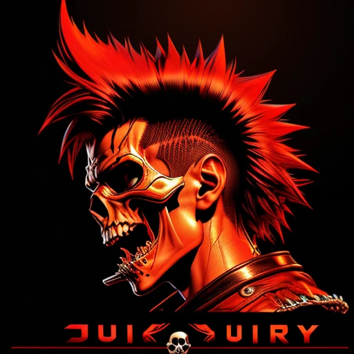 official art, unity 8k wallpaper, ultra detailed, aesthetically pleasing, High quality, masterpiece, best quality, Punk skull with red mohawk, side view, 1man, looking left, wide open mouth, detailed teeth, empty eye sockets, black and red graphic style, high contrast, (best quality, 4k, 8k, high resolution, masterpiece:1.2), ultra-detailed, illustration, HDR, UHD, sharp focus, bold lines, (punk, rebellious, aggressive:1.2), cool color tones, lineart