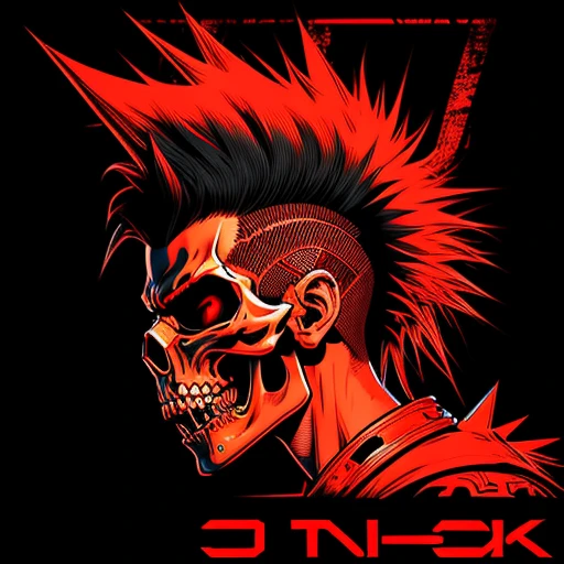 official art, unity 8k wallpaper, ultra detailed, aesthetically pleasing, High quality, masterpiece, best quality, Punk skull with red mohawk, side view, 1man, looking left, wide open mouth, detailed teeth, empty eye sockets, black and red graphic style, high contrast, (best quality, 4k, 8k, high resolution, masterpiece:1.2), ultra-detailed, illustration, HDR, UHD, sharp focus, bold lines, (punk, rebellious, aggressive:1.2), cool color tones, lineart