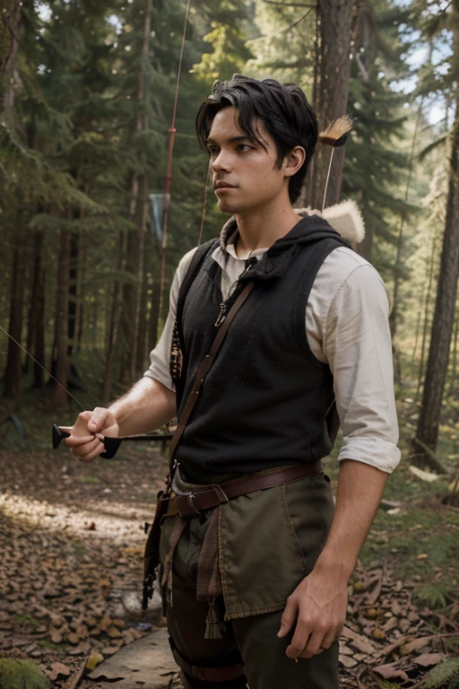 Absurd decision, A high resolution, (masterpiece: 1.4), hyper detail, disheveled short black hair of a young man, standing in the woods, with arrows and bow in hand, shooting a wolf  