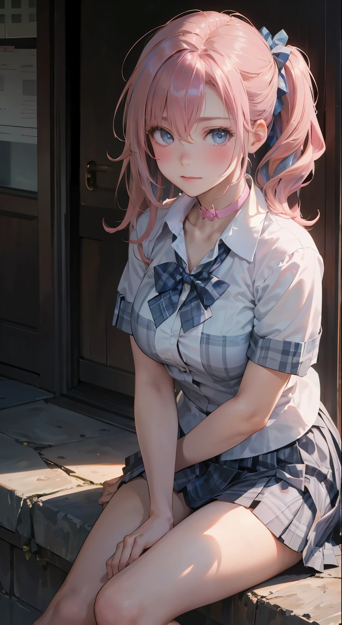 (masterpiece:1.2, highest quality), (realistic, photorealistic:1.4), beautiful illustrations,
looking at the viewer, whole body, Front view:0.6,
1 girl, Japanese, high School girl, ((pompadour:1.7, pink hair:1.3)), blown hair, bangs, hair between eyes, medium breasts:1.8,
beautiful hair, beautiful and detailed eyes, beautiful clavicle, beautiful breasts, beautiful thighs, beautiful feet, beautiful fingers,
(beautiful scenery), , School,
((collared short sleeve shirt, white shirt, , Grey plaid pleated skirt, blue plaid bow tie, choker)), white panties,
(Are standing, grab the hem of the skirt, put your hand on your chest, hand between legs, leaning forward),
blush