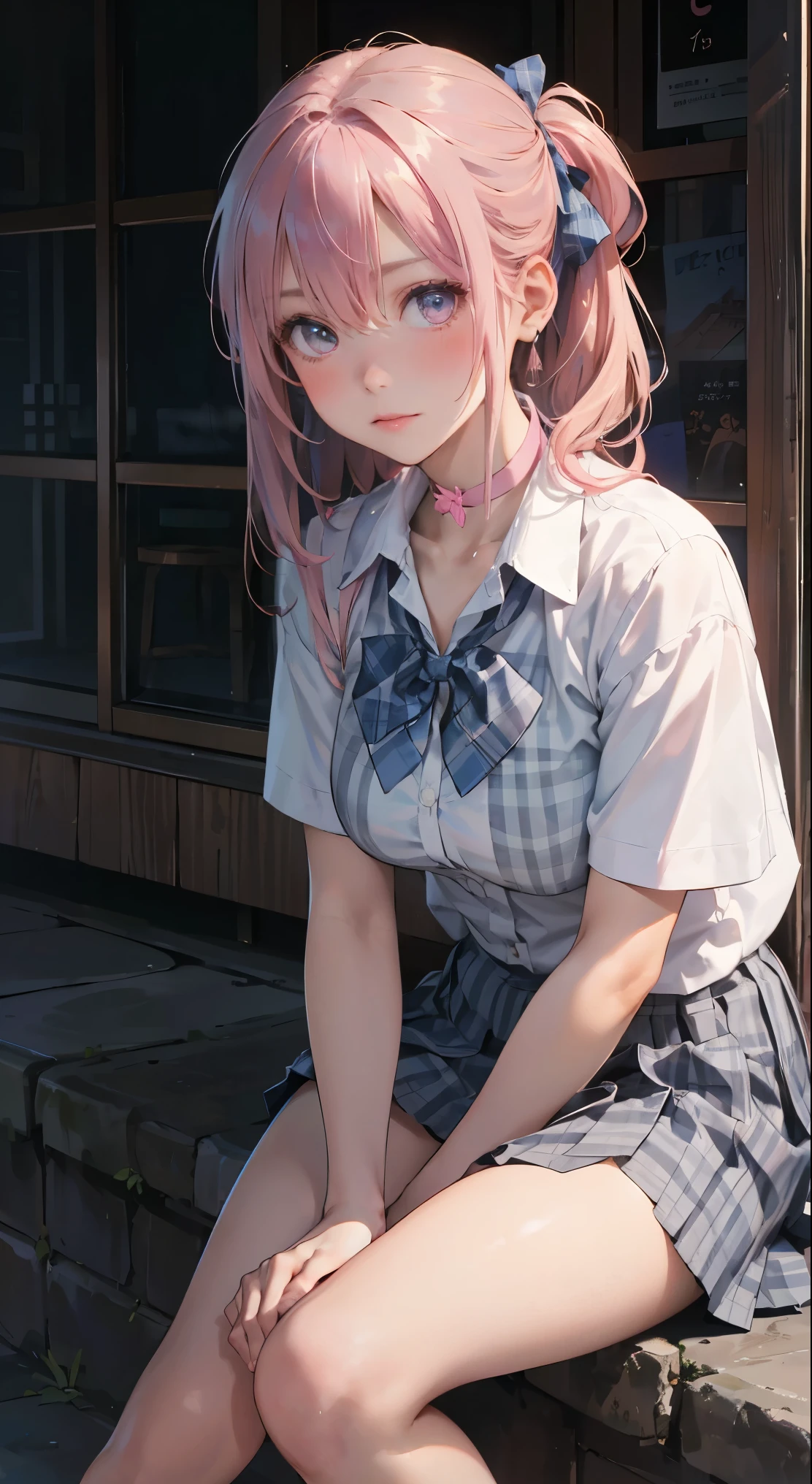(masterpiece:1.2, highest quality), (realistic, photorealistic:1.4), beautiful illustrations, 
looking at the viewer, whole body, Front view:0.6, 
1 girl, Japanese, high School girl, ((pompadour:1.7, pink hair:1.3)), blown hair, bangs, hair between eyes, medium breasts:1.8, 
beautiful hair, beautiful and detailed eyes, beautiful clavicle, beautiful breasts, beautiful thighs, beautiful feet, beautiful fingers, 
(beautiful scenery), , School,
((collared short sleeve shirt, white shirt, , Grey plaid pleated skirt, blue plaid bow tie, choker)), white panties, 
(Are standing, grab the hem of the skirt, put your hand on your chest, hand between legs, leaning forward), 
blush