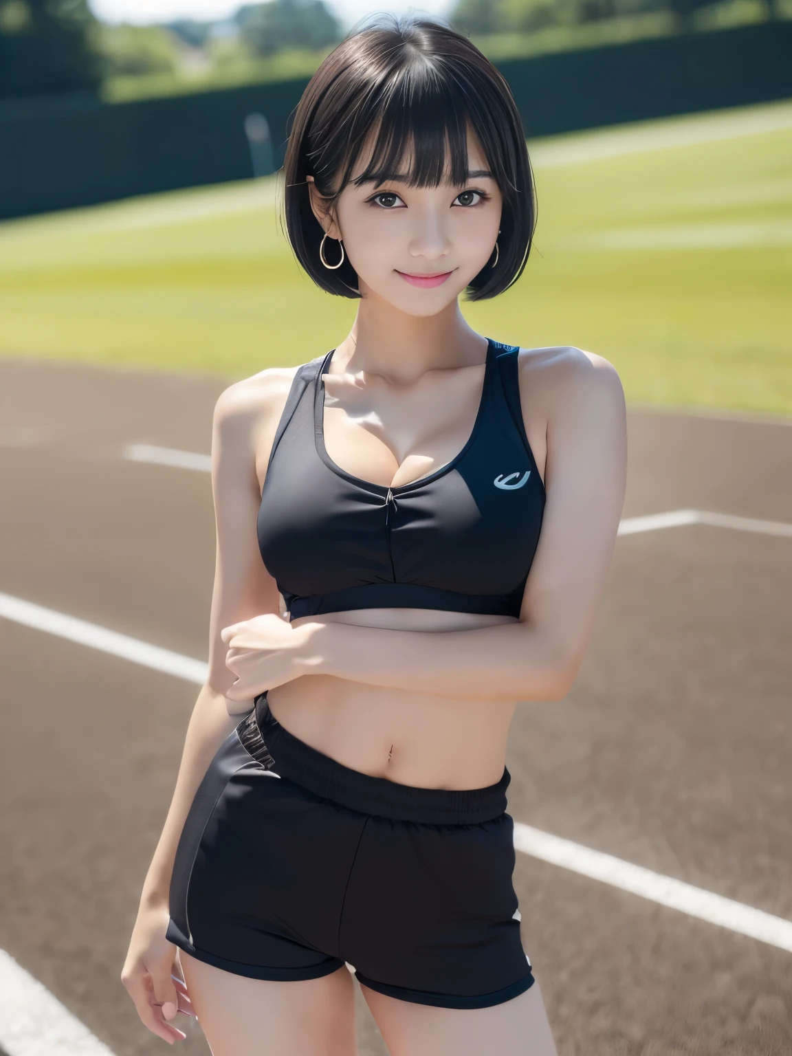 (Masterpiece, Best-quality, RAW-photo, Ultra-High-Resolution, Photorealistic, Very realistic human skin, Sense of reality, Anatomically correct, detailed fingers),
(Thin waist and busty style body, Cleavage, teat, -yeld, Restic Japanese girl, short height),
((running wear, running shoes)),
((full length, standing, See photographer, look at viewer, fold hands behind body, head tilt:1.3)),
(maiko, Round face, Black hair, Black eyes, Moist eyes, Shining eyes, Short bob cut, Bangs, Down-slating eyebrows, one little earring),
(goddess smile),
(sports ground)
bright lighting