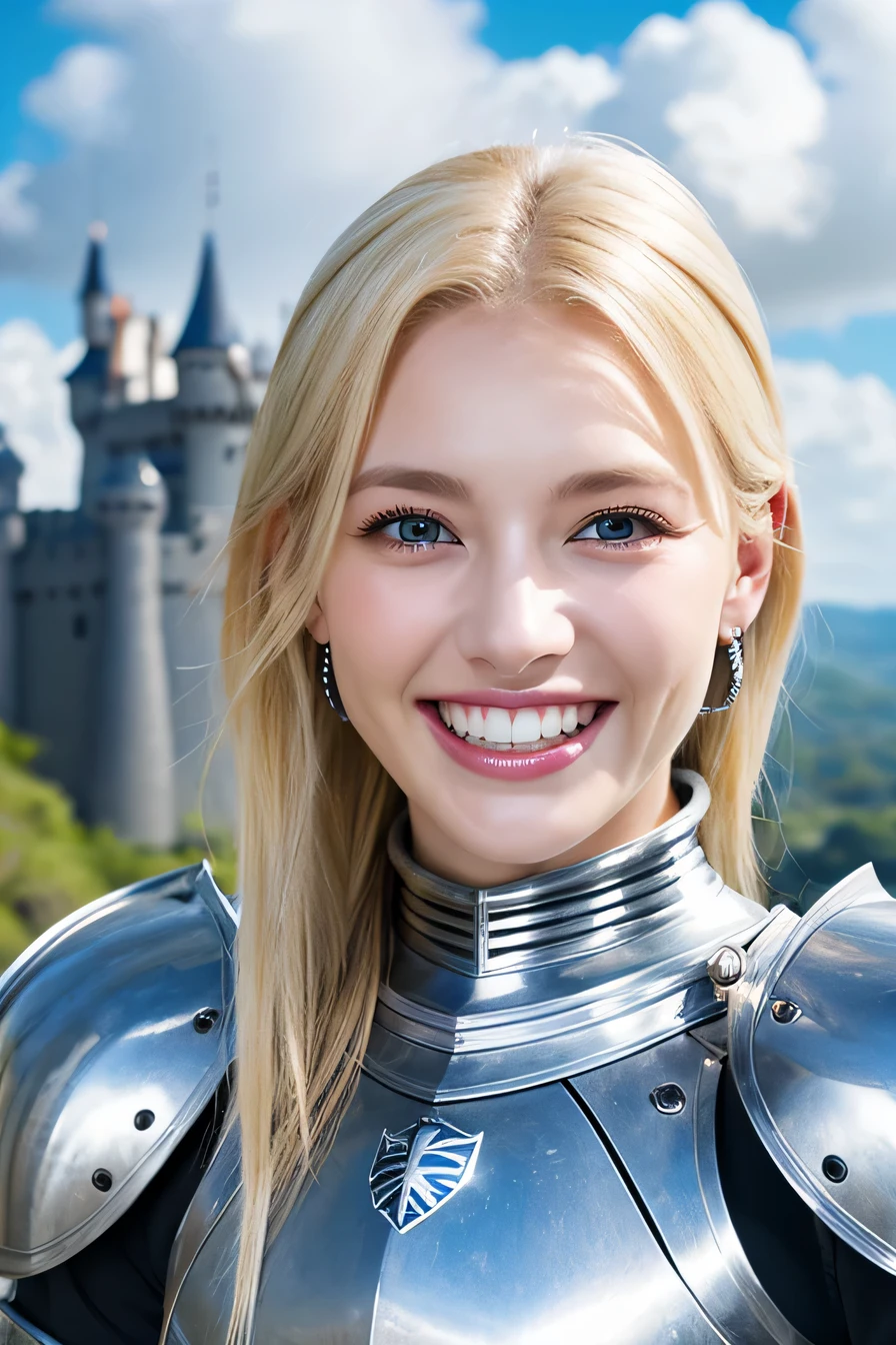 8K、highest quality、female knight、The background is a castle、Luxurious Silver Armor、smile、beautiful teeth、full body photo、ear piercing、white woman、blonde hair、blue eyes、Gummy Smile、The background is a cloudy sky、heavy makeup