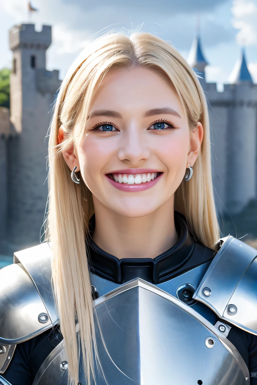 ８Ｋ、highest quality、female knight、The background is a castle、Luxurious Silver Armor、smile、beautiful teeth、full body photo、ear piercing、white woman、blonde hair、blue eyes、Gummy Smile、The background is a cloudy sky、heavy makeup

