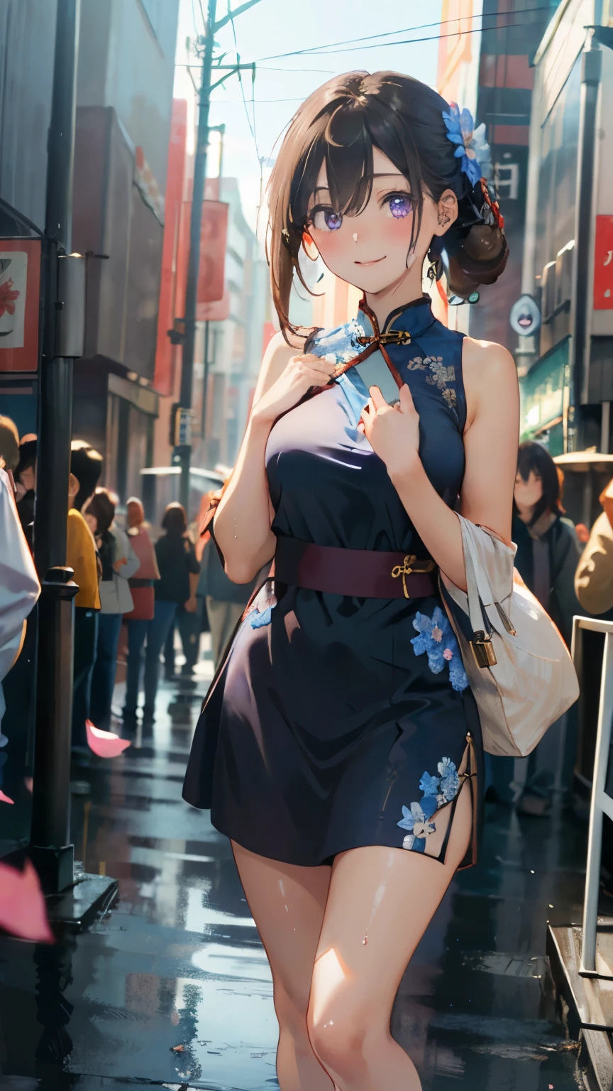 Anime girl in a dress and heels walking down a street - SeaArt AI