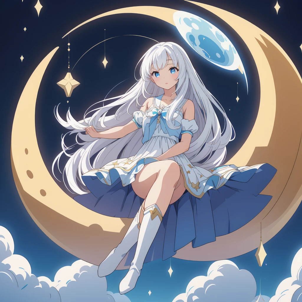 sitting on the crescent moon、Star Fairy、(masterpiece, best quality), 1girl, sitting on the crescent moon、「美しくプリントされたMilky Wayのような柄の着物とゴシックロリータの洋服を合わせもった衣類、universe柄のボックスプリーツミニスカートにフリル、Front view portrait、Knee-high boots、enchanting eyes、Perfect and stunning face、exquisite details、clear image、highest quality。」Milky white and light blue long straight hair、universe、Milky Way、Meteors、