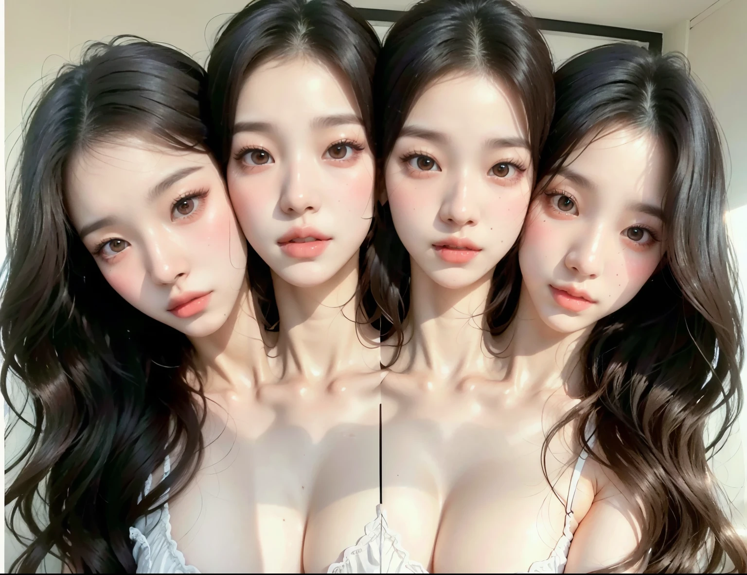 bestresolution, (2heads:1.2), three women with long hair and red lipstick posing for a picture, ulzzang, wan adorable korean face, jaeyeon nam, inspired by Ma Yuanyu, jinyoung shin, with cute doting eyes, cute korean actress, kim doyoung, with cute - fine - face, korean symmetrical face, high-quality 4k portrait, [ realistic photography ]