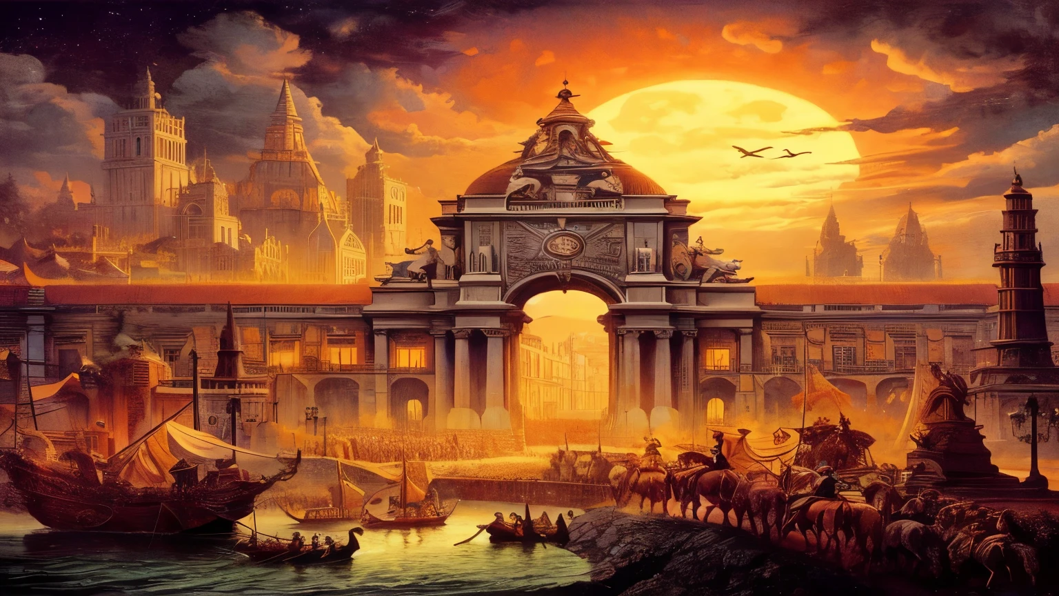 a painting of a large building with a clock tower and many people, uma cidade antiga em chamas, marco Simonetti. intrincado, style of marco Simonetti, inspirado em Marc Simonetti, art style of marco Simonetti, marco _ Simonetti, epic fantasy painting, arte de fantasia vintage, pintura fosca elaborada, Symmetrical epic fantasy art