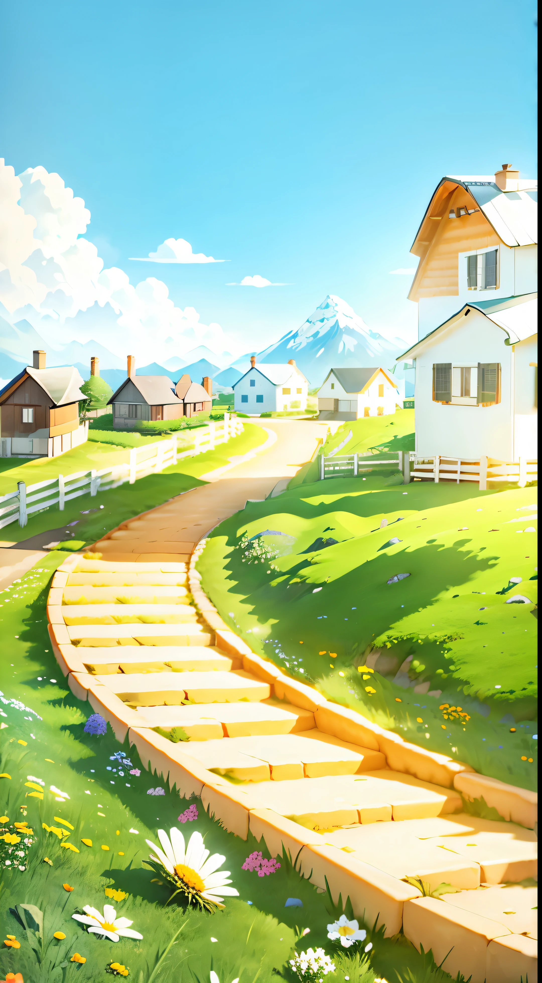At the end of a road, there are houses, mountains, rocks, flowers, wind, sun, white clouds, super detail, Pixar animation style, Blender rendering, depth of field, ultra wide angle lenses, soft lighting, ultra-high quality, saturated contrast - ar 2:3