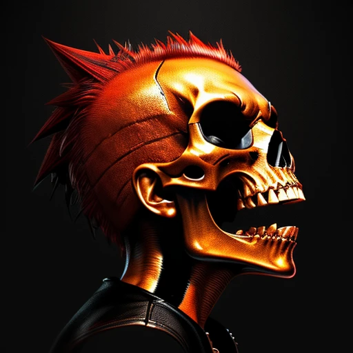 official art, unity 8k wallpaper, ultra detailed, aesthetically pleasing, High quality, masterpiece, best quality, Punk skull with red mohawk, side view, 1man, looking left, wide open mouth, detailed teeth, empty eye sockets, black and red graphic style, high contrast, (best quality, 4k, 8k, high resolution, masterpiece:1.2), ultra-detailed, illustration, HDR, UHD, sharp focus, bold lines, (punk, rebellious, aggressive:1.2), hot color tones, 