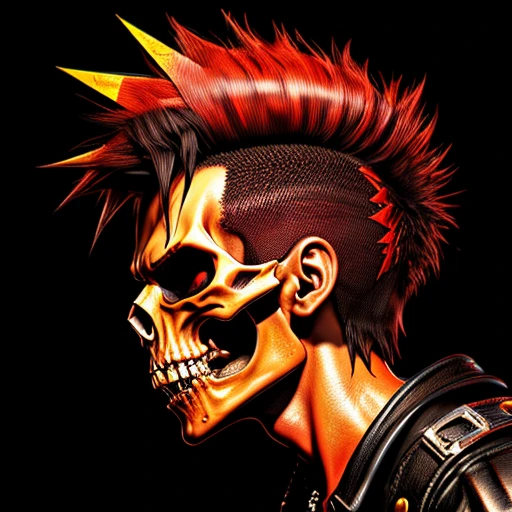 official art, unity 8k wallpaper, ultra detailed, aesthetically pleasing, High quality, masterpiece, best quality, Punk skull with red mohawk, side view, 1man, looking left, wide open mouth, detailed teeth, empty eye sockets, black and red graphic style, high contrast, (best quality, 4k, 8k, high resolution, masterpiece:1.2), ultra-detailed, illustration, HDR, UHD, sharp focus, bold lines, (punk, rebellious, aggressive:1.2), hot color tones, 