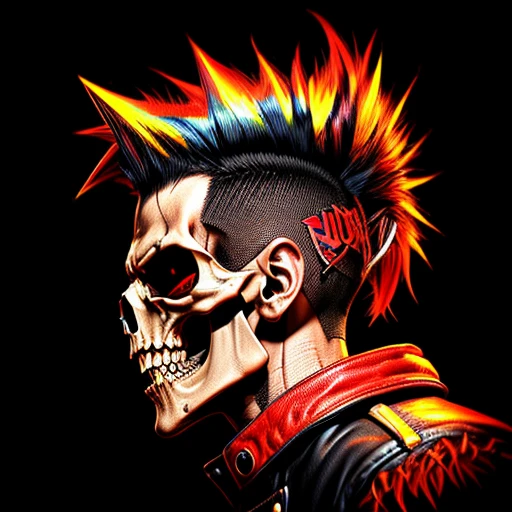 official art, unity 8k wallpaper, ultra detailed, aesthetically pleasing, High quality, masterpiece, best quality, Punk skull with red mohawk, side view, 1man, looking left, wide open mouth, detailed teeth, empty eye sockets, black and red graphic style, high contrast, (best quality, 4k, 8k, high resolution, masterpiece:1.2), ultra-detailed, illustration, HDR, UHD, sharp focus, bold lines, (punk, rebellious, aggressive:1.2), hot color tones, 