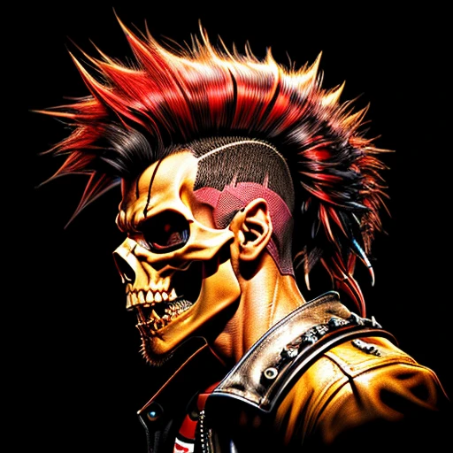 official art, unity 8k wallpaper, ultra detailed, aesthetically pleasing, High quality, masterpiece, best quality, Punk skull with red mohawk, side view, 1man, looking left, wide open mouth, detailed teeth, empty eye sockets, black and red graphic style, high contrast, (best quality, 4k, 8k, high resolution, masterpiece:1.2), ultra-detailed, illustration, HDR, UHD, sharp focus, bold lines, (punk, rebellious, aggressive:1.2), hot color tones,