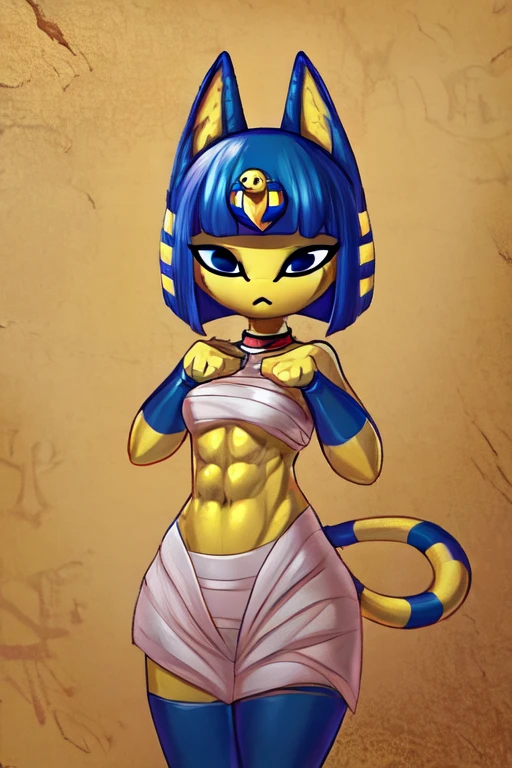 ((best quality)), ((masterpiece)), (detailed), perfect face, a digital artwork of Ankha with abs wearing a crop top of her outfit with a bare midriff and a bare navel 