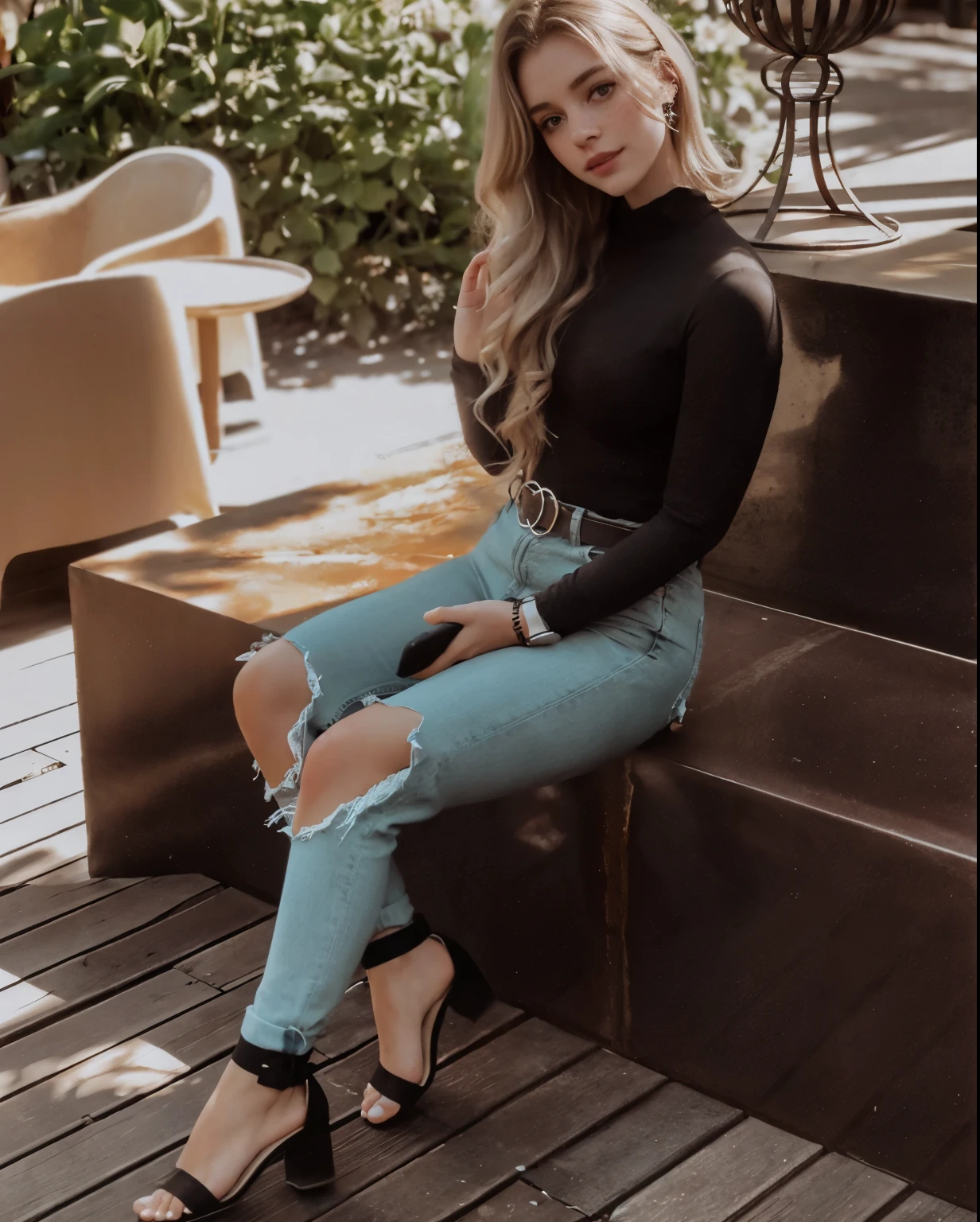 mulher, americana, 25 anos, pale skin and freckles, olhos cinzas, nariz delicado, soft and delicate lips, longo, cabelo blondie longo e ondulado na altura da cintura, sorriso meigo, face with delicate feminine facial features, altamente renderizado