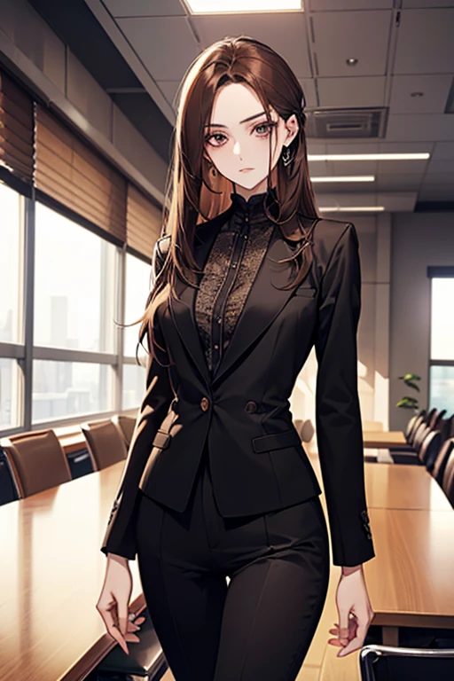 (best quality,high resolution,ultra-detailed),1girl, beautiful detailed eyes, brown hair, straight long hair tied up at the back, wearing a black suit, mature woman, 25 years old, calm and composed, slender figure, pale complexion, thin, serene, in a conference room.