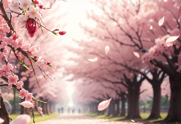there is a picture of a Cherry blossoms tree with petals falling, sakura flower瓣围绕着她, Flowing cherry blossom colored silk, falling Cherry blossomss pedals, flowing cherry blossom silk, Cherry blossomss in the wind, falling Cherry blossoms pedals, Cherry blossoms petals, Cherry blossoms falling, Cherry blossoms background, sakura flower, cherry blossoms in bloom, Cherry blossomss, cherry blossoms in bloom的背景, Cherry blossoms