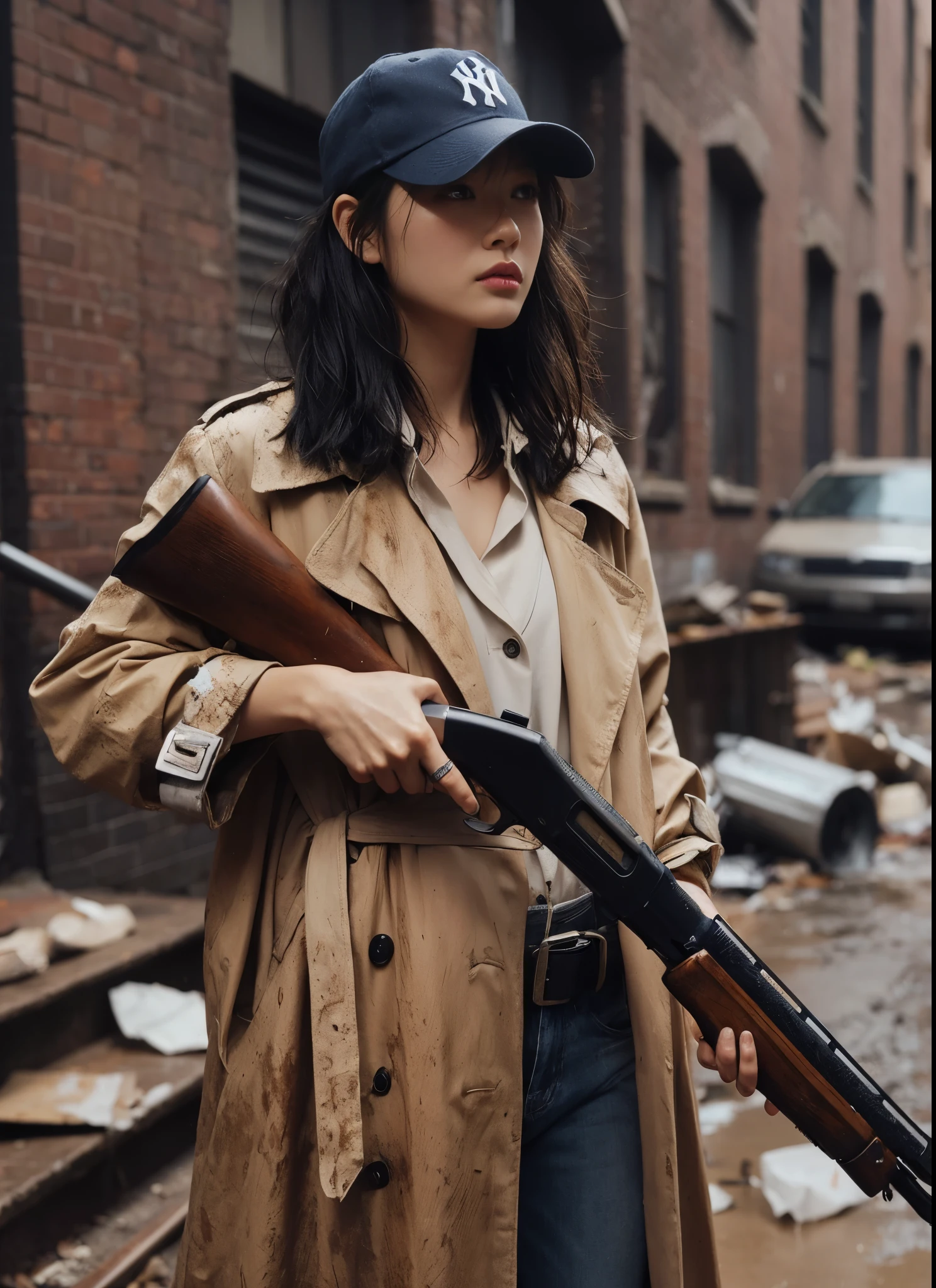 (highly detailed, realistic photo, realistic skin texture), 8K, an American-based beautiful Japanese woman holding a sawed-off shotgun at her waist and looking back, wearing a dirty and torn beige trench coat, a navy Yankees baseball cap, dirty high-top Nike sneakers, in an alley with scattered bricks and debris, with rain falling and wet clothes, with a fascinating and action-packed pose, and a cool composition.