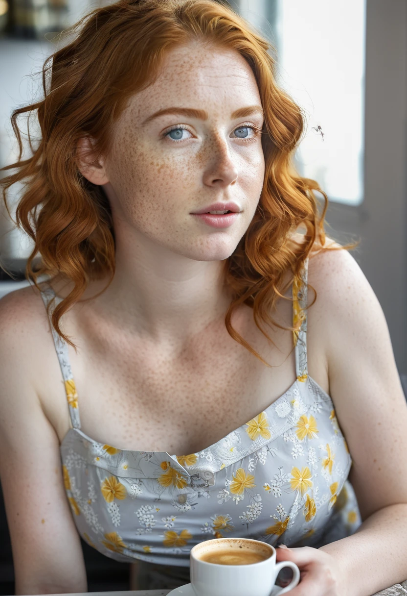 1girl in, *****, Solo, Aesthetic artwork, irish  redhead, wavy ginger hair, shoulder length ginger hair, gray eyes, light grey eyes, some small freckles, pale skin, D-cup, big breasts, runners body, (textured skin, skin pores:1.1), (moles:0.8), imperfect skin, goosebumps, sitting down having coffee, drinking coffee, (extremely detailed 8k wallpaper), soft lighting, high quality, film grain, Fujifilm XT3 sharp focus, f 5.6, 50mm, High Detail, Sharp focus,(natural light), in a yellow colored dress. A yellow sundress, floral pattern sundress, crazy details, complex details, hyperdetailed