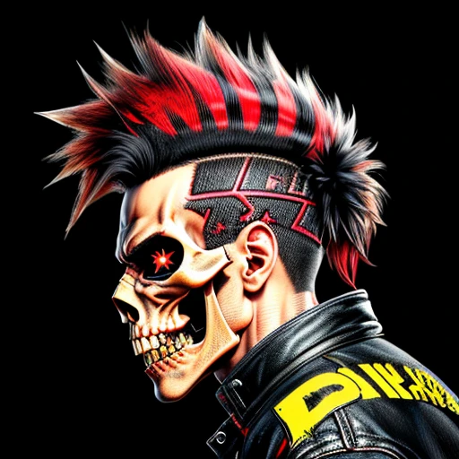 official art, unity 8k wallpaper, ultra detailed, aesthetically pleasing, High quality, masterpiece, best quality, Punk skull with red mohawk, side view, 1man, looking left, wide open mouth, detailed teeth, empty eye sockets, black and red graphic style, high contrast, (best quality, 4k, 8k, high resolution, masterpiece:1.2), ultra-detailed, illustration, HDR, UHD, sharp focus, bold lines, (punk, rebellious, aggressive:1.2), hot color tones, 