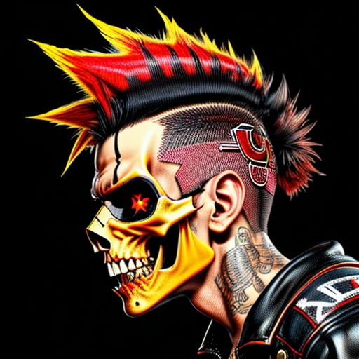 official art, unity 8k wallpaper, ultra detailed, aesthetically pleasing, High quality, masterpiece, best quality, Punk skull with red mohawk, side view, 1man, looking left, wide open mouth, detailed teeth, empty eye sockets, black and red graphic style, high contrast, (best quality, 4k, 8k, high resolution, masterpiece:1.2), ultra-detailed, illustration, HDR, UHD, sharp focus, bold lines, (punk, rebellious, aggressive:1.2), hot color tones, 