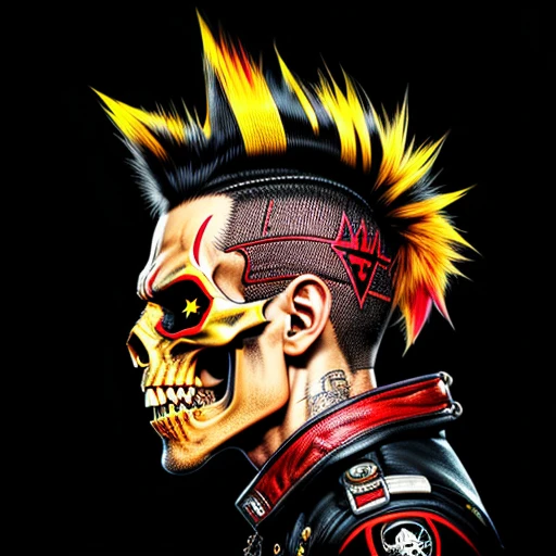 official art, unity 8k wallpaper, ultra detailed, aesthetically pleasing, High quality, masterpiece, best quality, Punk skull with red mohawk, side view, 1man, looking left, wide open mouth, detailed teeth, empty eye sockets, black and red graphic style, high contrast, (best quality, 4k, 8k, high resolution, masterpiece:1.2), ultra-detailed, illustration, HDR, UHD, sharp focus, bold lines, (punk, rebellious, aggressive:1.2), hot color tones, 