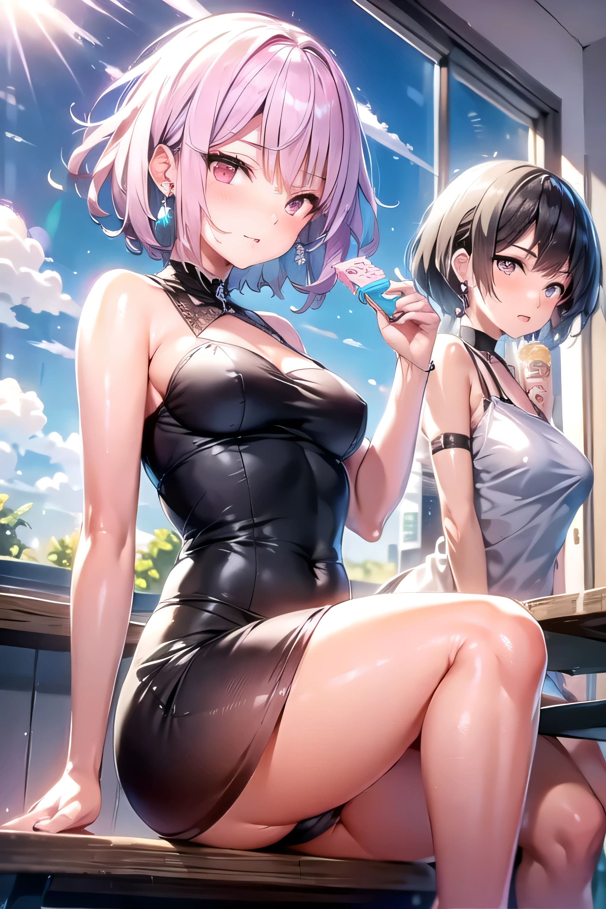 Pink hair, Asian, short hair ,small breasts, earrings, drunk, big ass, short, talk with friend in classroom , eating icecream , near window, sunshine, beautiful location , hot weather, temperature over 50 degrees