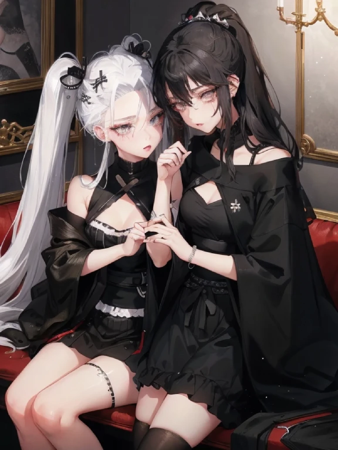 Two women kisasterpiece, best quality, high quality, ultra detailed, 1girl, looking at viewer, white hair, gray eyes, black lipstick, black shirt, sitting on a white floor, demon girl, gothcore, 1 7 - year - old, goth girl, japanese gothic, gothic punk style, black metal style, hands on head,.yurikiss、Girl kissing girl、