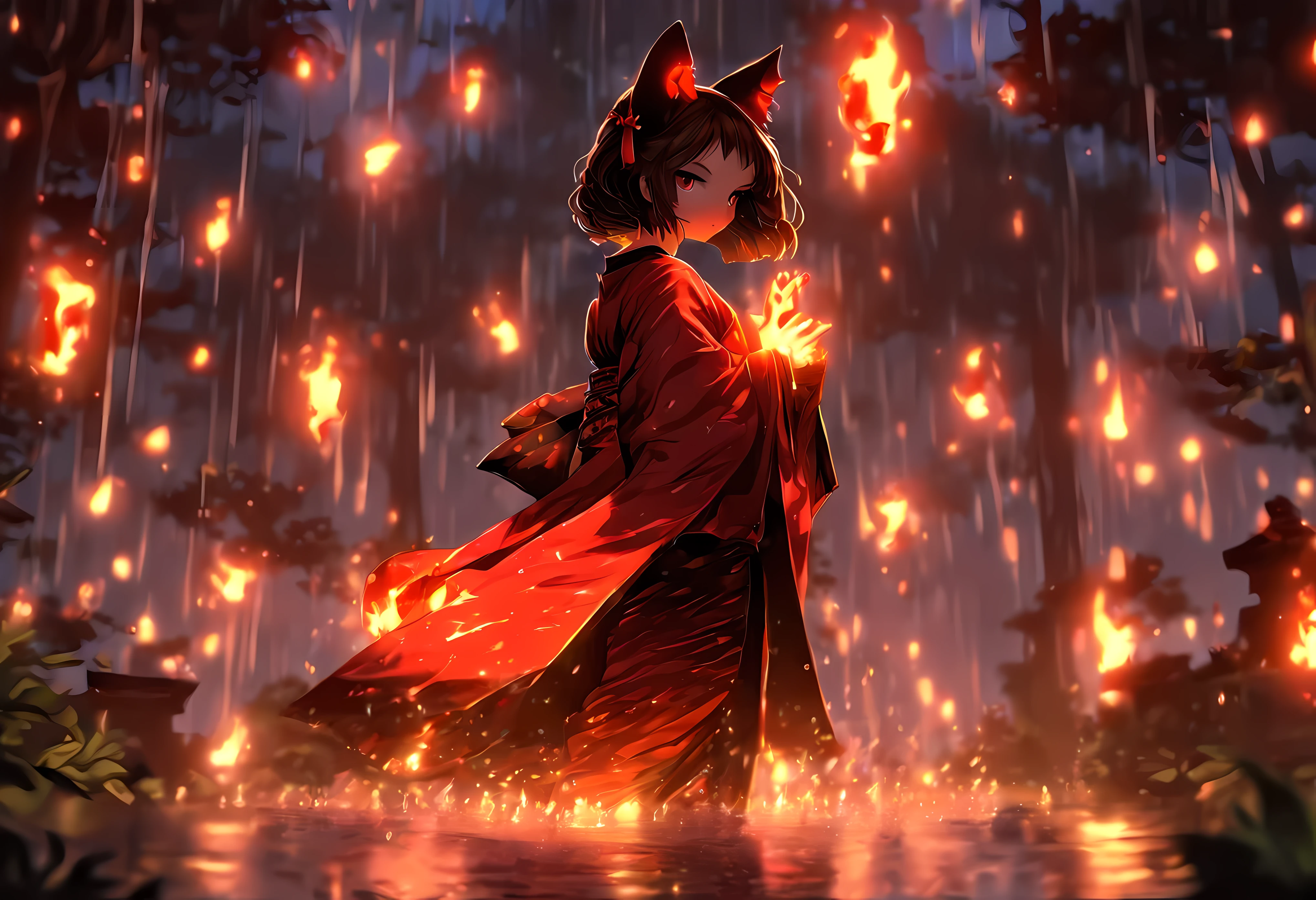 masterpiece, detailed, highres, (nighttime, lood rain, forest, altar, fire:1.6), (1girl:2), (red and black kimono, bloodstained clothes, barefoot:1.4), (brown hair, long hair, cat ears, cat tail:1.5), (facing away from viewer, back turned, from behind:1.4)