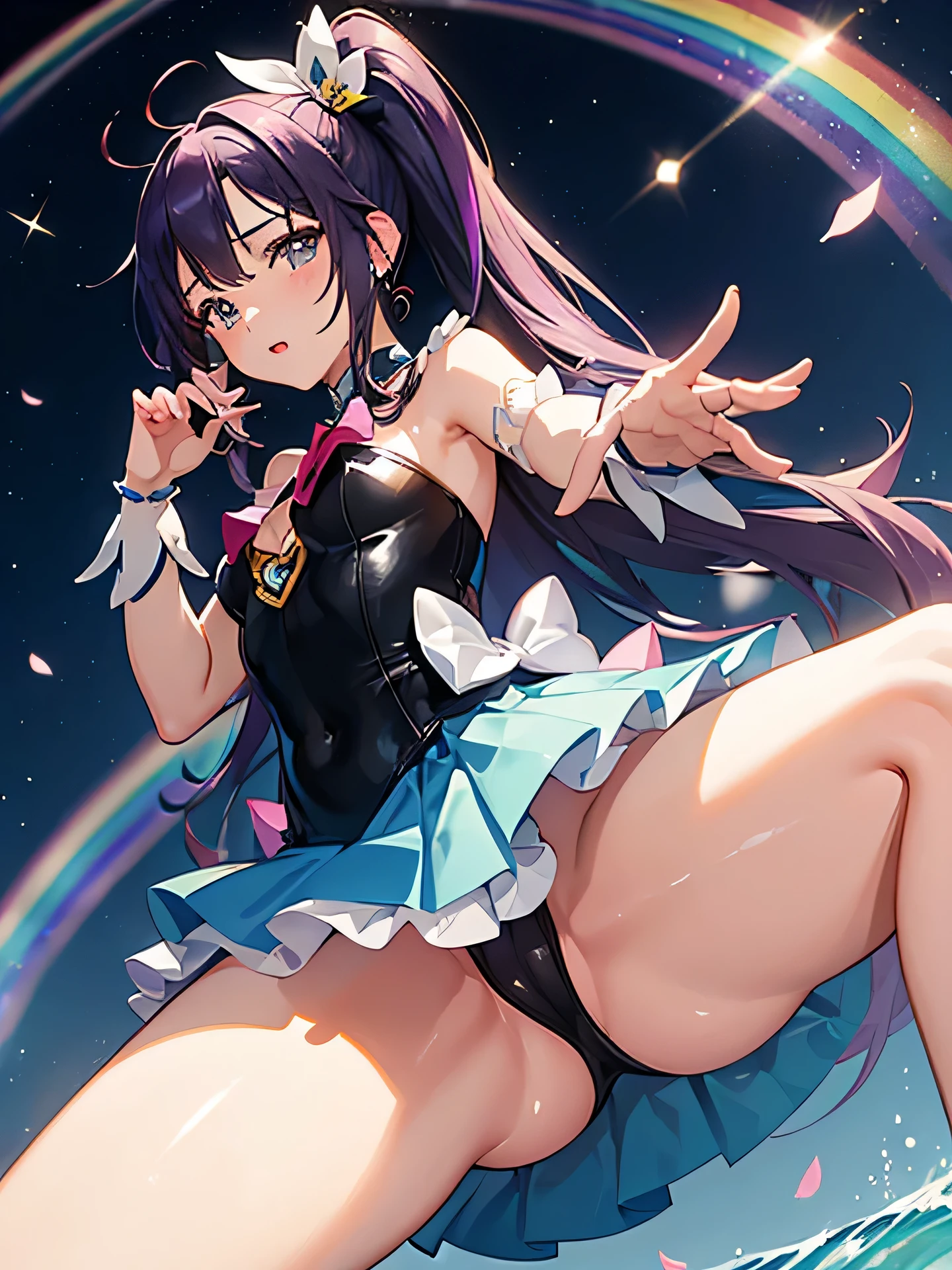 (((panty shot)))、mini skirt、(((Rainbow Magical Girl Costume))、beauty、purple hair ponytail、((whole body))、(((photo taken from below)))、night sky