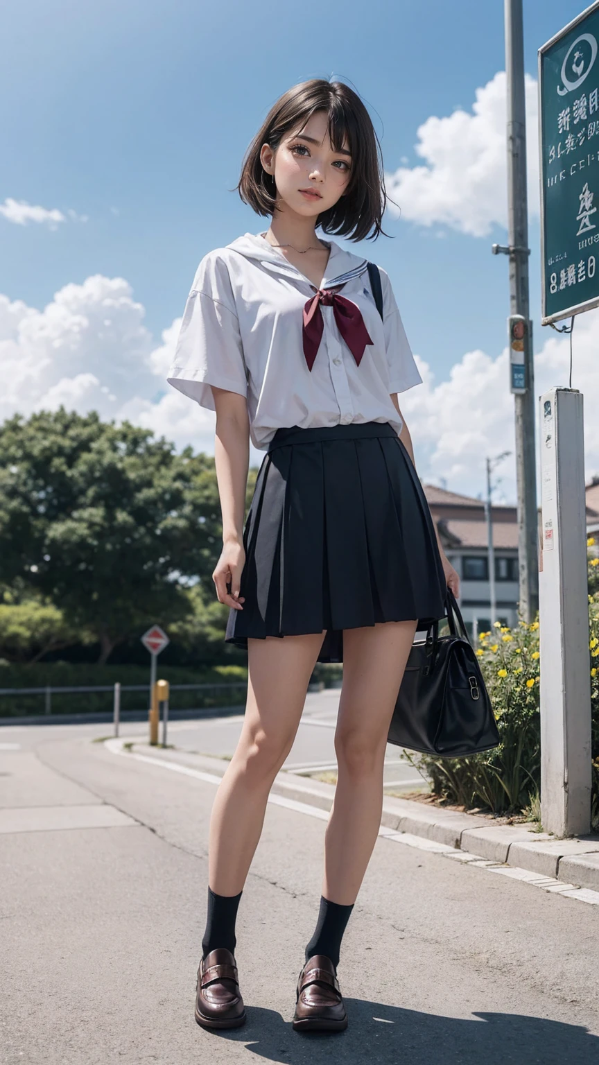 ((最high quality, 8K, masterpiece: 1.3, Ultra HD, high quality, 最high quality, High resolution, realism)) 、An extremely beautiful 18-year-old Japanese woman、hair color is black、black eye、medium hair、straight hair、smile、Slender but well-proportioned muscular body、Athlete-like body type、I don&#39;t want my head to disappear from the screen.、sit on a high breakwater on the beach、The blue sky is beautiful、There is an entrance cloud、It&#39;s summer、I'm wearing a sailor suit、Wear a navy blue pleated skirt、wear loafers、There is a road in front of the breakwater、There is a sign indicating the bus stop.、The sea is beautiful、The horizon looks beautiful、An island can be seen off the coast