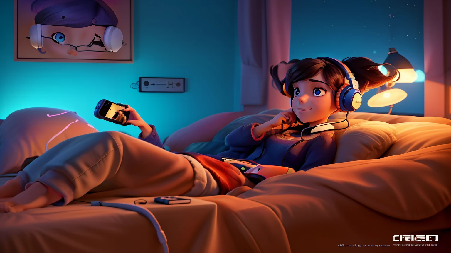 woman sitting on bed with headphones on and holding a cell phone, listening to music at 2 am, with headphones, listening to music, by Cyril Rolando, vibing to music, inspired by Cyril Rolando, cinematic mood lighting, complementary lighting, in style of cyril rolando, girl wearing headphones, lofi girl aesthetic, with head phones
