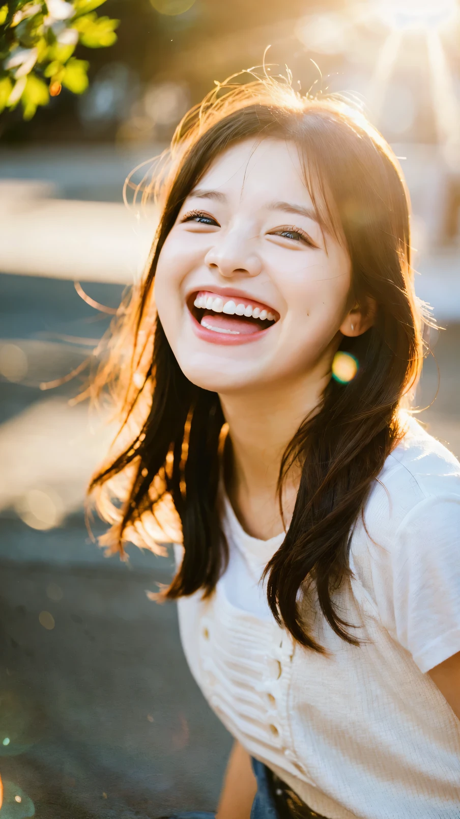 (Raw photo, highest quality), (64K, highest quality, masterpiece: 1.2), Super detailed, super resolution, a beautiful girl, (huge Laughing:1.1), (open mouth:1.1), (wide open eyes:1.2), sun glare,
