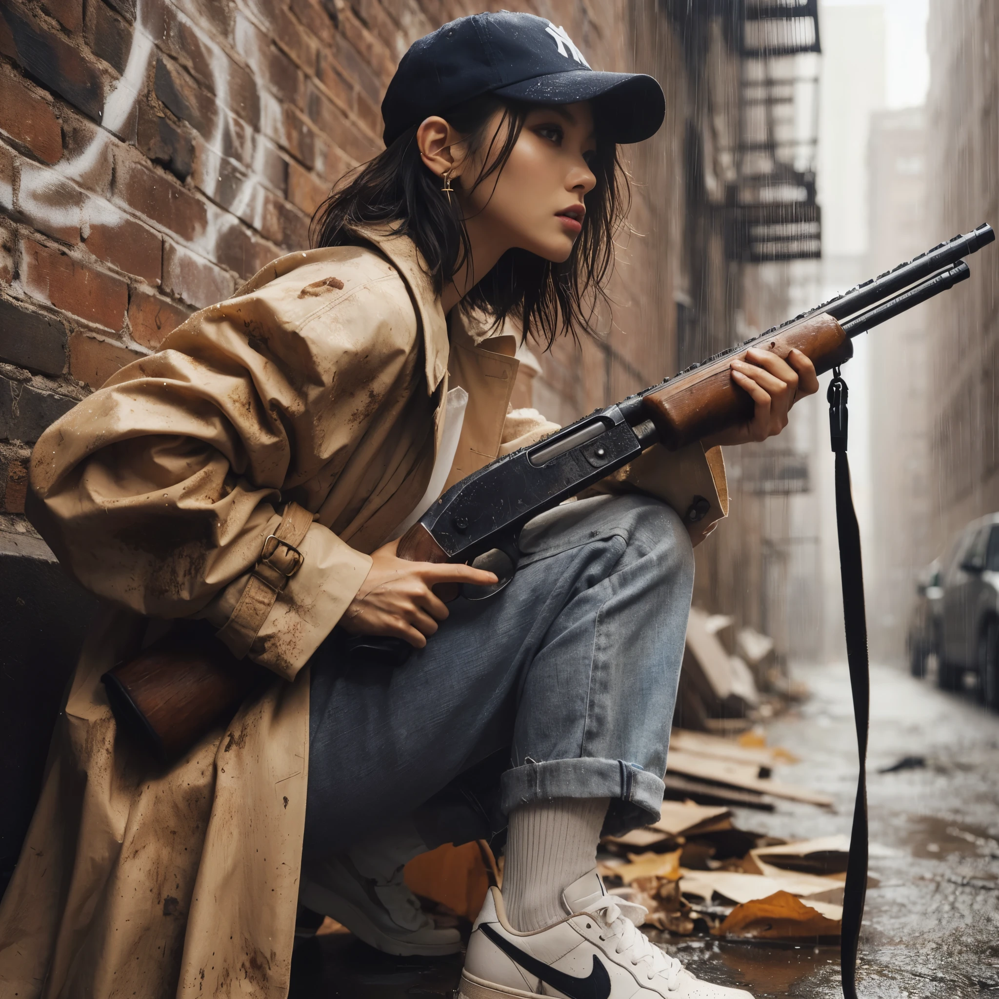(highly detailed, realistic photo, realistic skin texture), 8K, an American-based beautiful Japanese woman holding a sawed-off shotgun at her waist and looking back, wearing a dirty and torn beige trench coat, a navy Yankees baseball cap, dirty high-top Nike sneakers, in an alley with scattered bricks and debris, with rain falling and wet clothes, with a fascinating and action-packed pose, and a cool composition.