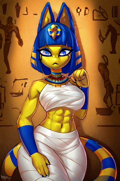 ((best quality)), ((masterpiece)), (detailed), perfect face, a digital artwork of Ankha with abs wearing a crop top of her white outfit with a bare midriff and a bare navel