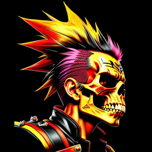 official art, unity 8k wallpaper, ultra detailed, aesthetically pleasing, High quality, masterpiece, best quality, Punk skull with red mohawk, side view, 1man, looking left, wide open mouth, detailed teeth, empty eye sockets, black and red graphic style, high contrast, (best quality, 4k, 8k, high resolution, masterpiece:1.2), ultra-detailed, illustration, HDR, UHD, sharp focus, bold lines, (punk, rebellious, aggressive:1.2), hot color tones,