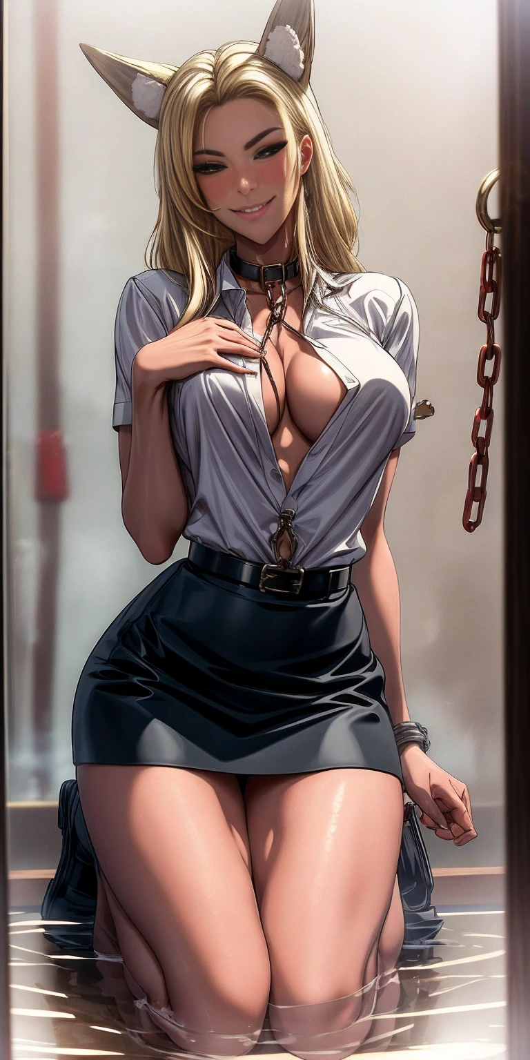 girl lustful smirking smile red blush red cheeks, chain leash, kneeling, shackles, leather black collar slave, dog ears, fluffy dog ears, hands on glass breasts on glass ass on glass window fog water drop, photo realistic, high resolution, hips up, desk uniform, camisa branca, black skirt, cute face, blonde, milf