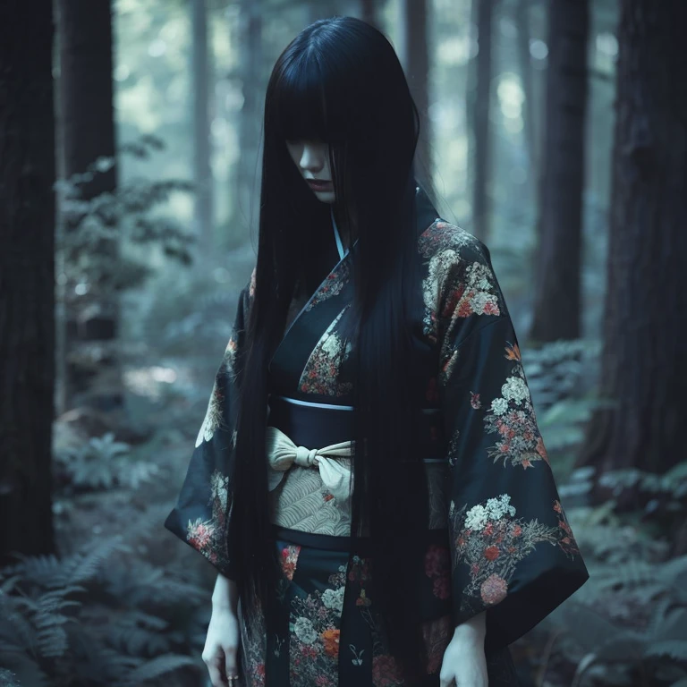 Girl in Gothic kimono with long straight black hair standing alone in the forest, realistic, portrait, Japanese, movie
