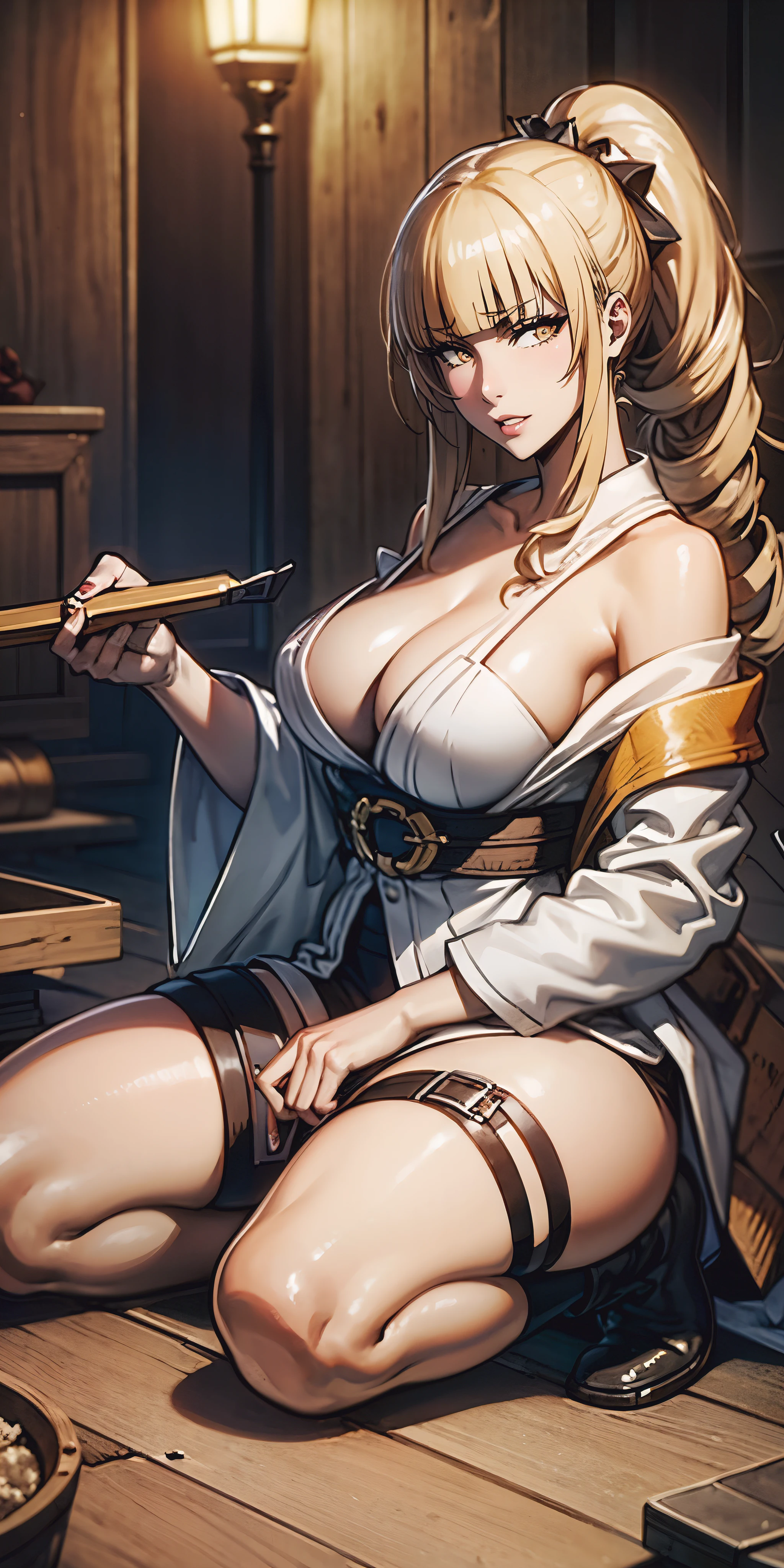 rose, blonde hair, long hair, drill hair,, anatomically correct, 1girl, cleavage, blonde_hair, drill_hair, large_breasts, long_hair, bare_shoulders, ponytail, blush, thighs, bangs(shaded face:1.2), hollow eyes, golden eyes, looking at viewer, heavy breathing, seductive smile, upper teeth, lips, "glow effects, godrays, Hand drawn, render, 8k, octane render, cinema 4d, blender, dark, atmospheric 4k ultra detailed, cinematic, Sharp focus, big depth of field, Masterpiece, colors, 3d octane render, 4k, concept art, trending on artstation, hyperrealistic, Vivid colors, extremely detailed CG unity 8k wallpaper, trending on CGSociety, Intricate, High Detail, dramatic"