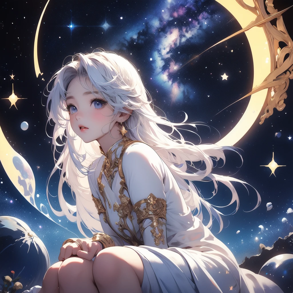 sitting on the crescent moon、Star Fairy、(masterpiece, best quality), 1girl, sitting on the crescent moon、「美しくプリントされたMilky Wayのような柄の着物とゴシックロリータの洋服を合わせもった衣類、universe柄のボックスプリーツミニスカートにフリル、Front view portrait、Knee-high boots、enchanting eyes、Perfect and stunning face、exquisite details、clear image、highest quality。」Milky white and light blue long straight hair、universe、Milky Way、Meteors、