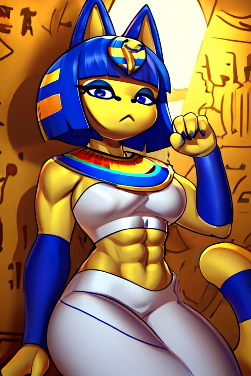 ((best quality)), ((masterpiece)), (detailed), perfect face, a digital artwork of Ankha with abs wearing a crop top of her white outfit with a bare midriff and a bare navel