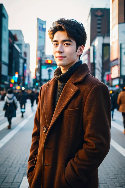 Realism, 8K full body portrait, a handsome guy, 20 year old man, charming expression, Detailed facial details, Tokyo eight cities, Winters, Shibuya background
