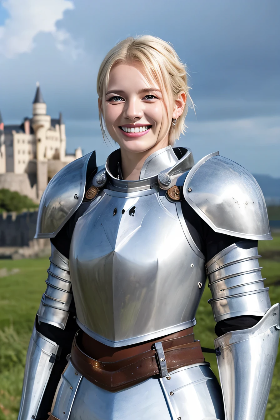 ８Ｋ、highest quality、female knight、The background is a castle、Luxurious Silver Armor、heavy equipment、hairstyle short cut、smile、beautiful teeth、full body photo、ear piercing、white woman、blonde hair、blue eyes、Gummy Smile、The background is a cloudy sky、heavy makeup

