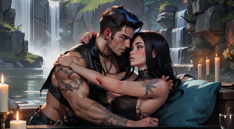 One Handsome short-haired tall huge barbarian beefy muscular Chad in center-of-composition hugging five beautiful bitches tackling him and touching him and feeling him and snuggling him, dressed like goth punk witches princesses, perfect bodies with nice asses, women: very long flowing hair, flowers in hair, seductive, tattoos, ornate materials, jewelry, 8k photography, raytracing, photorealistic, masterpiece, in love, grins, perfect faces, Flirtatious, setting: a heated first pond with a waterfall, dark except for candle light, harem, watercolor, racially diverse, kissing each other, adoration, worship, IF ONE PERSON IN THE PICTURE IS A MAN THEN THE REST MUST BE WOMEN, so many gorgeous women, SFW