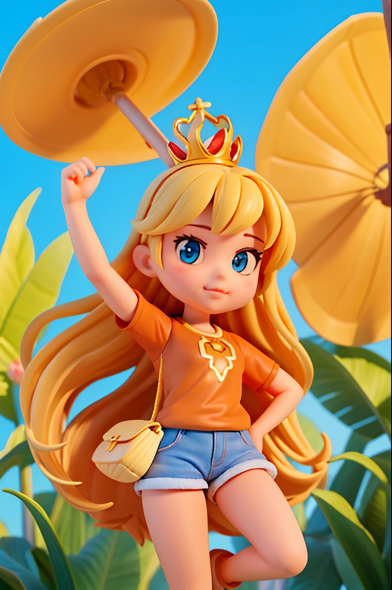 Quero a imagem de uma princesa da Disney. Ela tem cabelo moreno iluminado, ondulado e longo. Olhos castanhos escuros. Sombrancelha fina e pequena. Your nose is medium. On your lips there's glossy gloss. Em baixo de sua boca tem um pinta marrom, do lado direito. He's wearing a tight brown t-shirt, e um shorts curto. Your legs are thick, And your body is full-bodied. is wearing a short jean shorts. Right behind is a cornfield. The day is beautiful, blue skies.