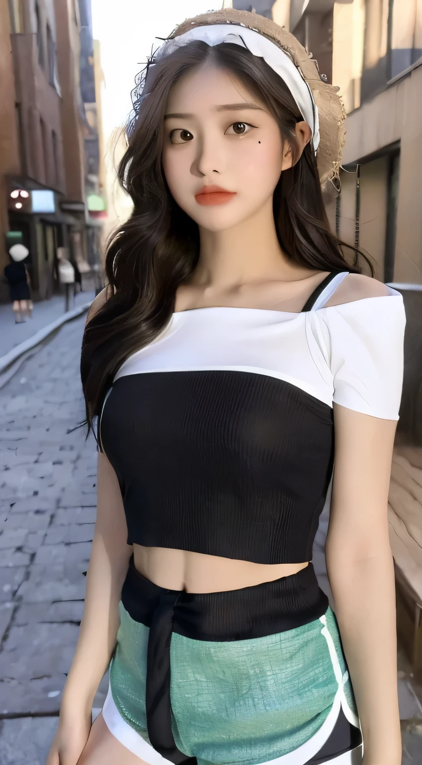 ((best quality, 8K, masterpiece: 1.3)), (flower hat: 1.3), focus: 1.2, perfect body beautiful: 1.4, buttocks: 1.2, (layered hairstyle: 1.2)), (dark street: 1.3), Highly detailed facial and skin textures, whole body, exquisite eyes, double eyelids, skin whitens, long hair, (round face: 1.5), (Loose crop top, shorts: 1.6)