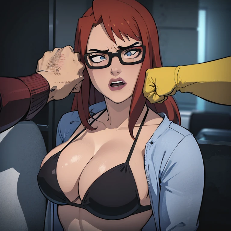 CARTOON_barbara_ownwaifu,cell Shading,anime coloring,black bikini,holding a soda,masterpiece,best quality,.ownwaifu.com,long hair,glasses,red hair,blue eyes,black-framed eyewear,breasts,under-rim eyewear,semi-rimless eyewear, curvy, toned, large breasts, narrow waist, (((she is brutally knocked on the face:1.2))), (((man punching her cheek:1.2))), (((knocked in the face))), (((assaulted))), pain, (((cheek deformed by the impact:1.2)))